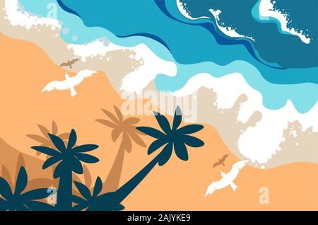 Beach summer landscape, tropical island, palms and flying birds Stock Vector