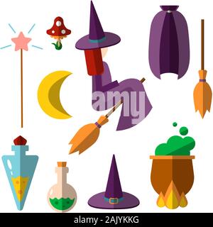 Cute flat vector set of witch, witchcraft items - flying young witch on a broomstick, bottles of poison, boiled poison in a cauldron, hat, magic wand Stock Vector