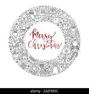 Merry Christmas card decor, Xmas line icons on emblem Stock Vector