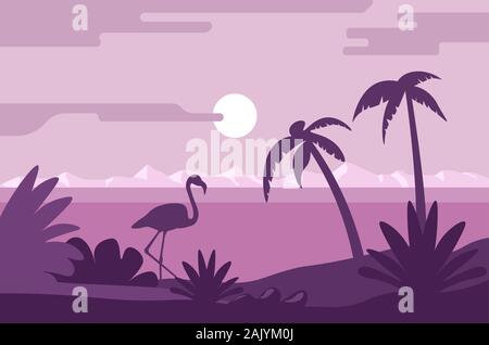 Night summer landscape, beach with flamingo and palm trees Stock Vector