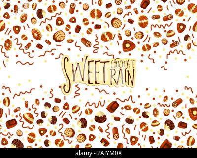 Chocolate candy frame of choco candies on white background. Chocolate candy banner, top view, flat lay with decorative elements. Chocolats candy Stock Vector