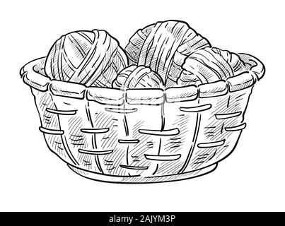 Knitting items, woolen thread balls in basket isolated sketch icon Stock Vector