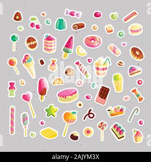 Sweet cartoon candy set. Collection of sweets, cartoon style. Jelly, candy, cakes, sweet donut and marmelade. Huge set of cartoon doodle form candies Stock Vector