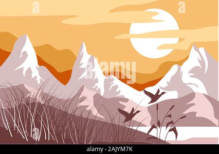 Mountain landscape, wild birds of America, steppe or prairie Stock Vector