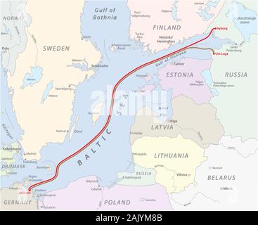 Map of the Baltic Sea gas pipeline between Russia and Germany Stock Vector