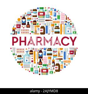 Pills and medicines isolated icons, cough syrups and injections Stock Vector
