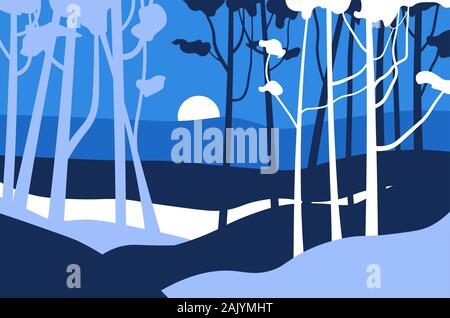 Forest night landscape, jungle trees and mood behind mountains Stock Vector