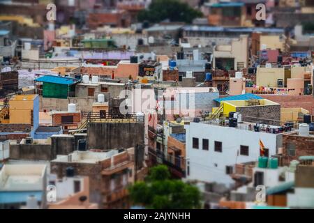Tilt shift lens - Jodhpur ( Also blue city) is the second-largest city in the Indian state of Rajasthan and officially the second metropolitan city of Stock Photo