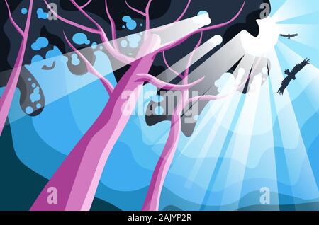 Forest landscape, sunlight going through tree leaves. morning in woods Stock Vector