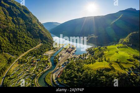 Aurlandsfjord Town Of Flam at dawn. Beautiful Nature Norway natural landscape. Stock Photo