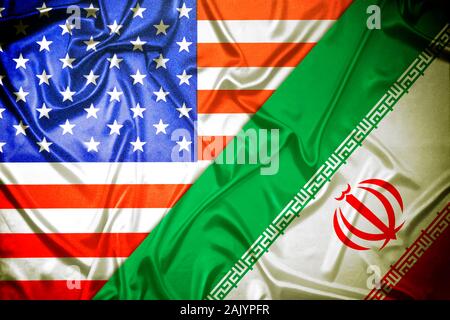 Flags of Iran and the USA, US-Iran conflict Stock Photo