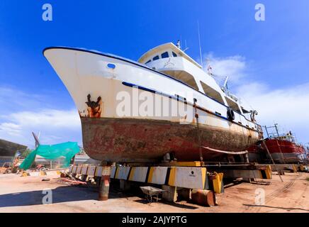Ship in dry dock during the overhaul. Stock Photo