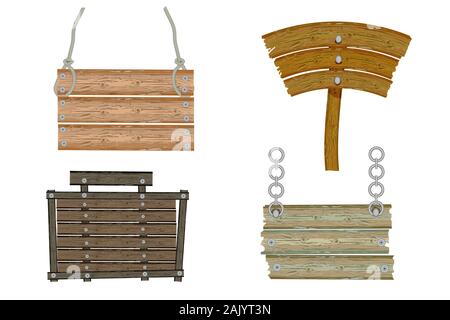 Wooden signs set isolated on white background. Blank or empty wooden planks or signboards. Collection with cartoon wooden boards. Stock vector. Stock Vector