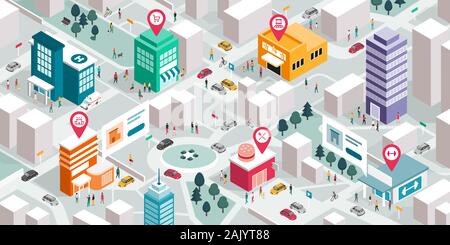 Isometric city map with people, buildings and pin pointers: promote your local business and GPS navigation concept Stock Vector