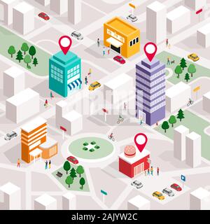 Isometric city map with people, buildings and pin pointers: promote your local business and GPS navigation concept Stock Vector