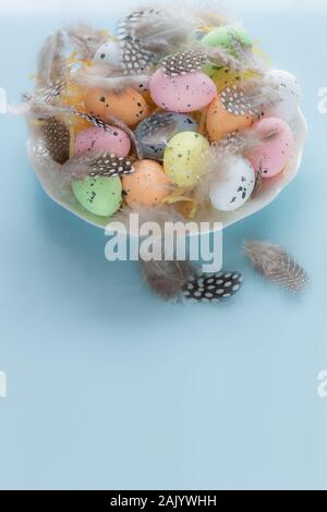 Easter, painted eggs, festive decorations. Empty space for text Stock Photo