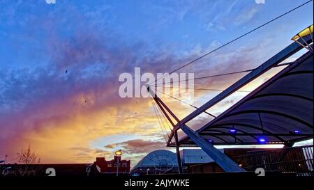 Clydebank, Glasgow, Scotland, UK, 6th January, 2020. UK Weather: Blustery day with wind and rain giving a stormy sky over the head of the  swan in flight bridge canal area. Gerard Ferry/ Alamy Live News Stock Photo