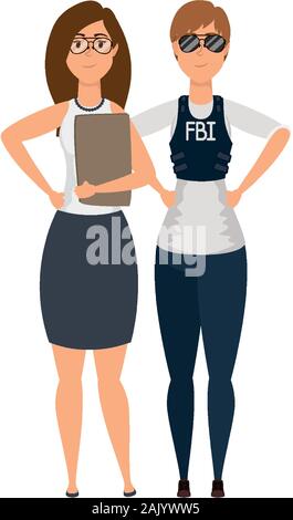 young women fbi agent and girl characters Stock Vector