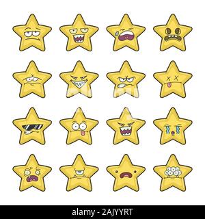 Collection of yellow stars emoticons cartoons isolated on white Stock Vector