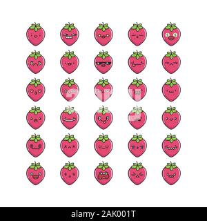 Collection of kawaii strawberry emoticons cartoons isolated on white Stock Vector