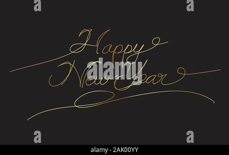 Golden Happy New Year single continuous line art. New Year greeting card headline decoration. One sketch outline drawing vector illustration Stock Vector