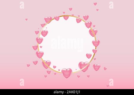 3d vector saint valentine s day golden round frame with pink heart on pink background. Poster and invitation Stock Vector