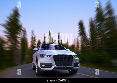 3D rendering of an SUV on motion in a road at a forest. Stock Photo