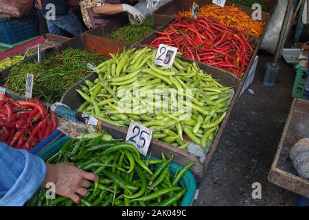 Chili peppers for sale in Khlong Toei Market, Bangkok, Thailand. Spicy chillies in many colors. Stock Photo