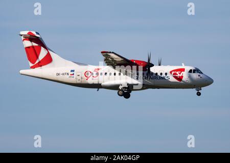 Budapest / Hungary - April 14, 2018: CSA Czech Airlines ATR-42 OK-KFN passenger plane arrival and landing at Budapest Airport Stock Photo