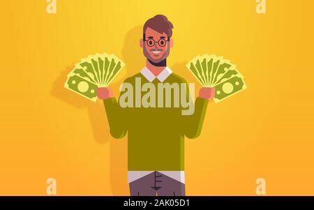 excited man holding money bills financial success wealth concept cheerful rich businessman with dollar banknotes horizontal portrait vector illustration Stock Vector