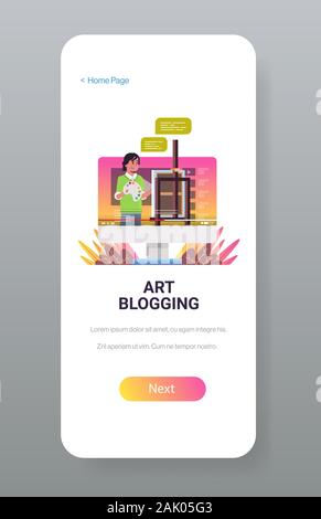 painter blogger recording online video man using paintbrush and palette blogging concept vlogger painting on canvas in art studio smartphone screen mobile app copy space vertical vector illustration Stock Vector