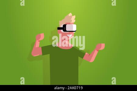 man wearing vr goggles headset guy exploring virtual reality digital glasses while playing video game portrait horizontal vector illustration Stock Vector