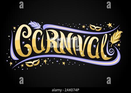 Vector logo for Venice Carnival, black card with curly calligraphic font, blue flourishes, yellow stars and elegant carnival masks, banner with brush Stock Vector