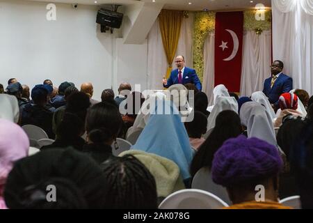 London UK. 5th Jan 2020 British devoties listen to Minister Ishmael Muhammad, student national assistant to minister Louis Farrakhan and the Nation of Stock Photo