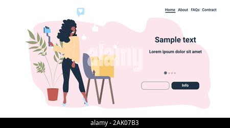 blogger opening parcel box african american woman using smartphone camera recording unboxing video live streaming social media mail delivery shipment blogging concept full length horizontal vector illustration Stock Vector