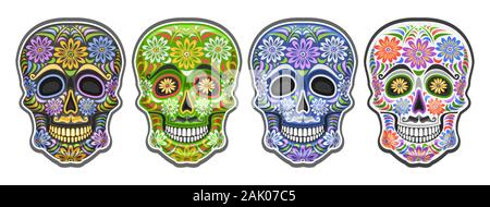 Vector set of Sugar Skulls for mexican Day of the Dead, group of 4 cut out colorful human skulls with decorative floral ornament for Dia de los Muerto Stock Vector