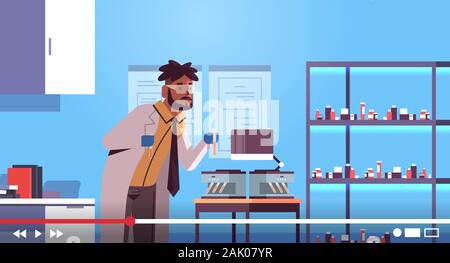 scientific researcher using microscope african american man blogger making experiment in laboratory recording online video for blog live streaming concept modern lab interior horizontal portrait vector illustration Stock Vector