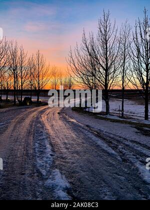 Sunset road in iceland in winter, Iceland Stock Photo