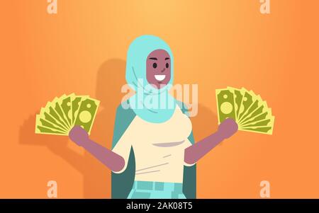 excited arabic woman holding money bills financial success wealth concept rich businesswoman with dollar banknotes horizontal portrait vector illustration Stock Vector