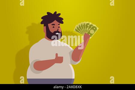 fat man holding money bills financial success wealth concept african american overweight guy with dollar banknotes horizontal portrait vector illustration Stock Vector