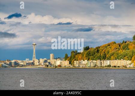 A view of condos at Alki Beach and the Seattle skyline. Stock Photo