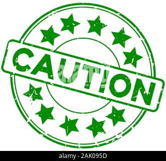 Grunge green caution word round with star icon rubber seal stamp on white background Stock Vector