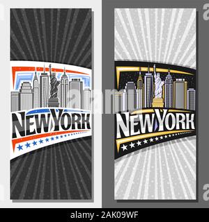 Vector layouts for New York City, decorative flyer with illustration of statue of Liberty on background of NY skyline at dusk, NYC art concept with or Stock Vector