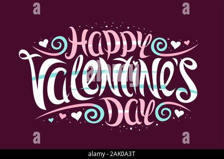 Vector greeting card for Valentine's Day, decorative invitation with curly calligraphic font, design flourishes and cartoon valentines hearts, swirly Stock Vector