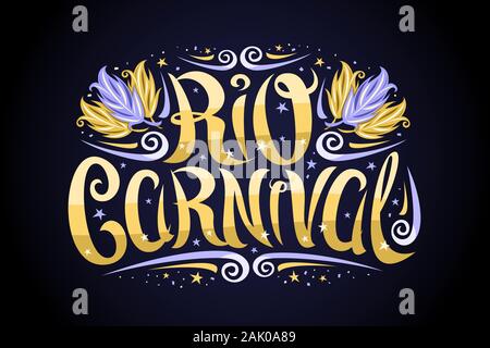 Vector logo for Carnival in Rio de Janeiro, decorative signage with curly calligraphic font, design flourishes and carnival feathers, banner with brus Stock Vector