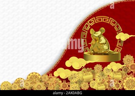 Chinese new year 2020 greeting card wth cute rat, zodiac sign, on half red and white pattern background., Vector illustration. Stock Vector
