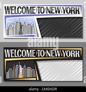 Vector layouts for New York City with copy space, decorative sign board with statue of Liberty on background of NY skyline at dusk, NYC art concept wi Stock Vector