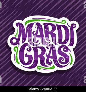 Vector logo for Mardi Gras carnival, cut paper badge with design flourishes and curly calligraphic font, decorative signage with original brush type f Stock Vector
