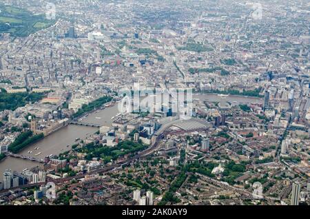 Aerial view looking north across Lambeth and Waterloo Station towards the River Thames, Westminster and Camden in London. Stock Photo