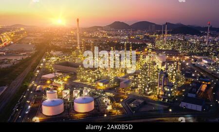 Aerial view of petroleum oil refinery in industrial estate at twilight ...